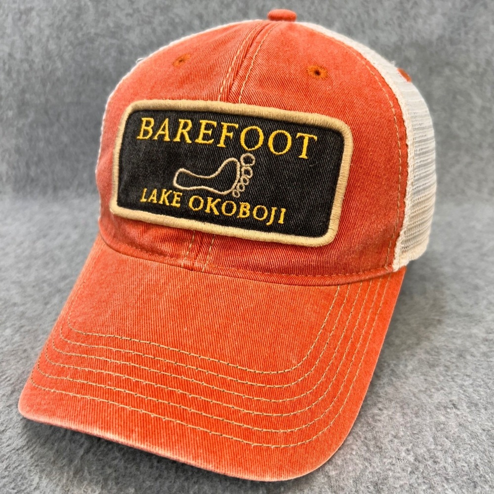 Barefoot Lake Okoboji Mens Orange Legacy Trucker Hat Mesh Snapback OSFA